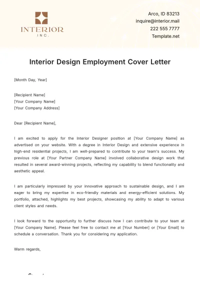 Free Interior Design Employment Cover Letter Template to Edit Online