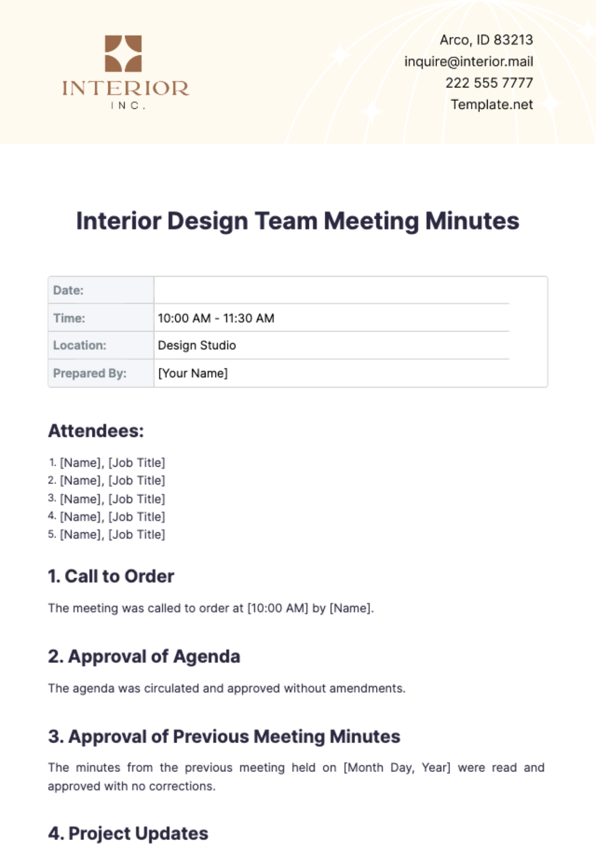 Interior Design Team Meeting Minutes Template - Edit Online & Download