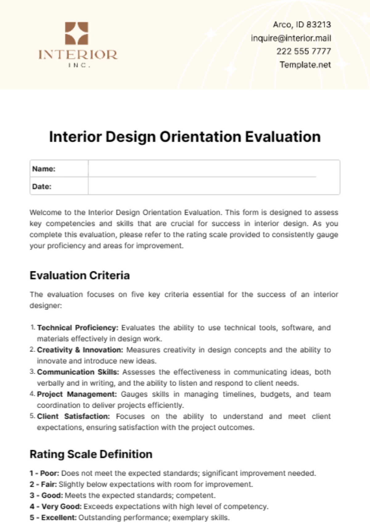 Interior Design Orientation Evaluation Template - Edit Online & Download