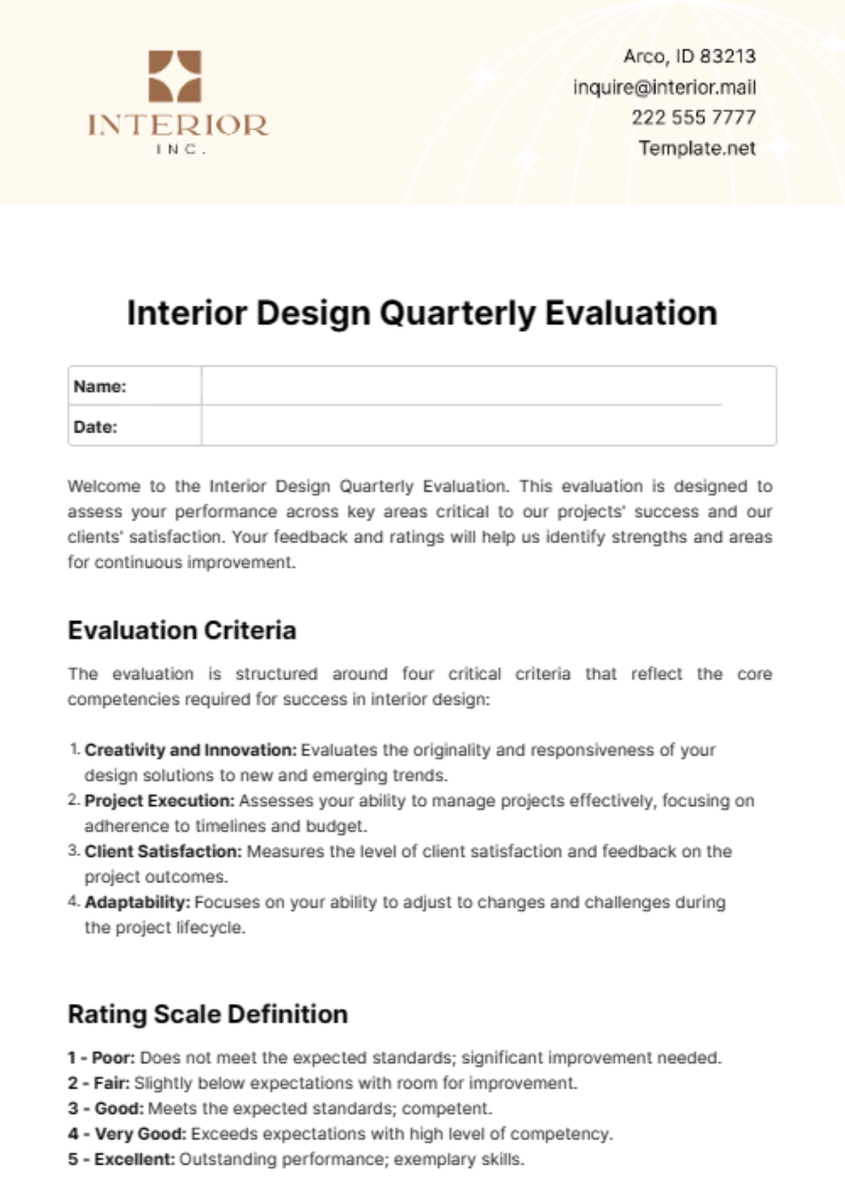 Interior Design Quarterly Evaluation Template - Edit Online & Download