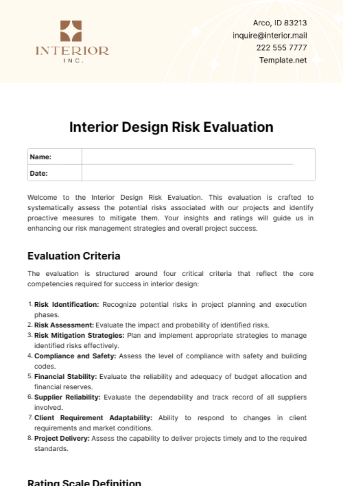 Interior Design Risk Evaluation Template - Edit Online & Download