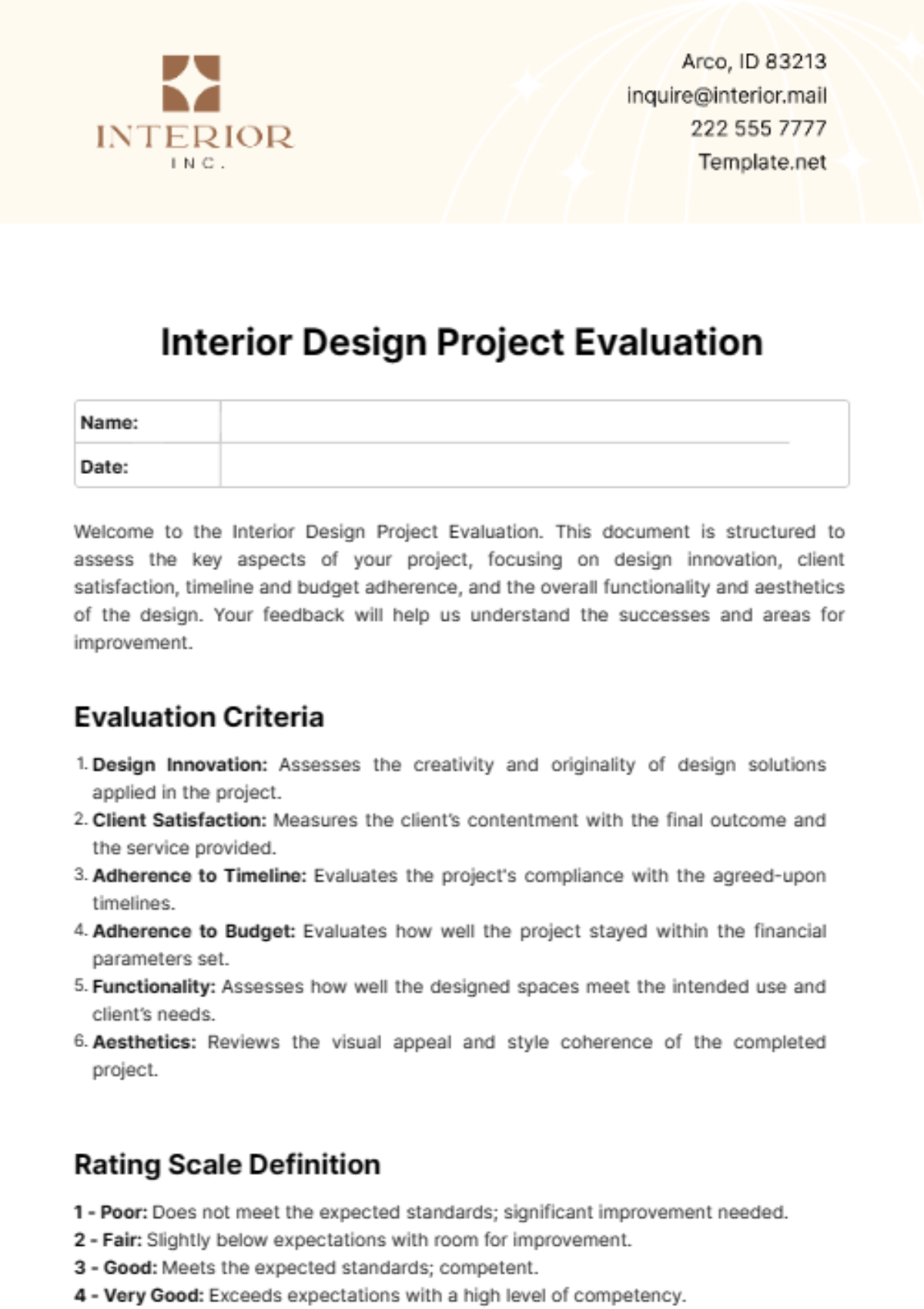 Interior Design Project Evaluation Template - Edit Online & Download