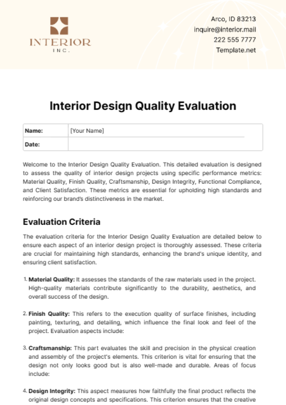 Interior Design Quality Evaluation Template - Edit Online & Download