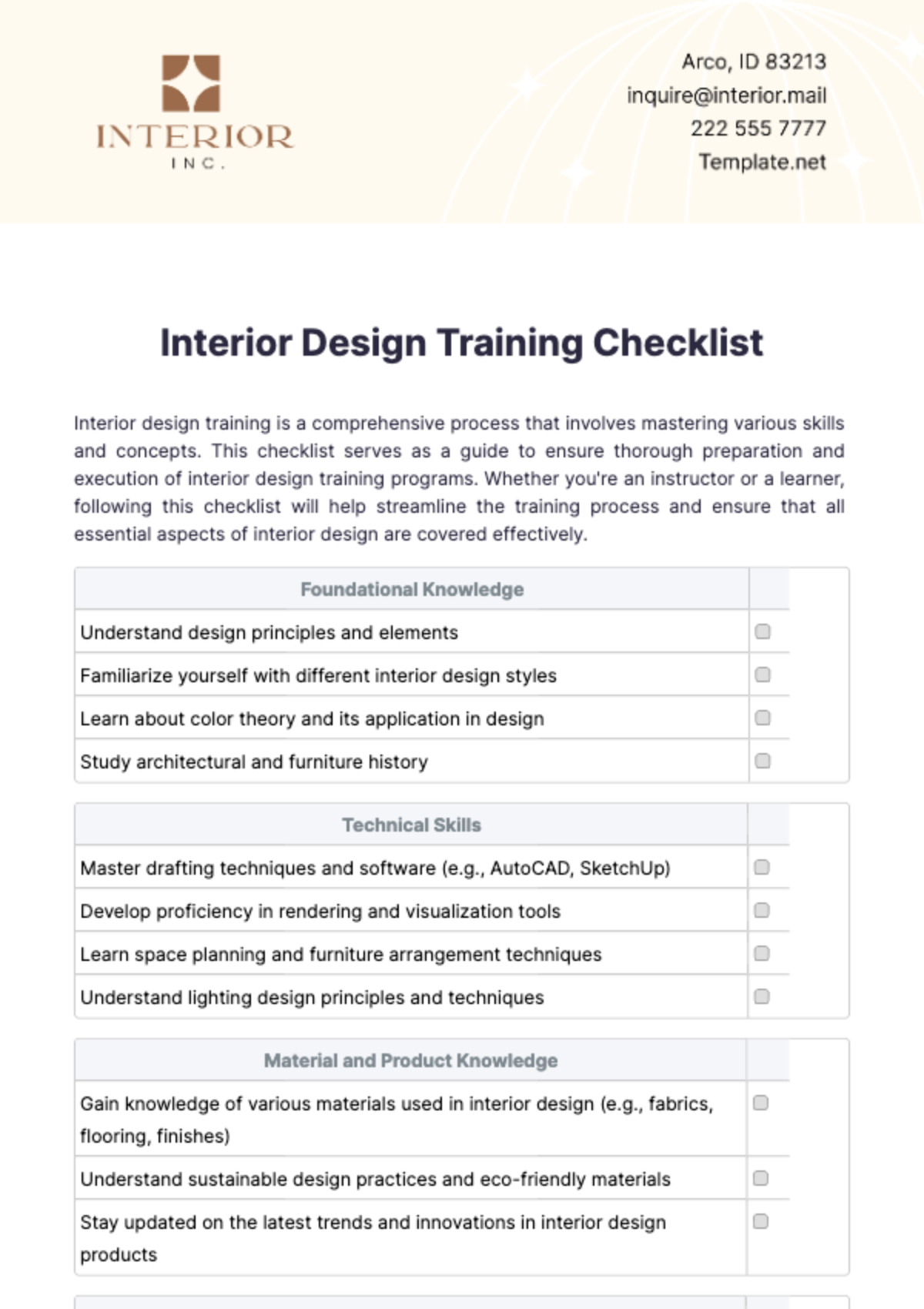 Interior Design Training Checklist Template - Edit Online & Download