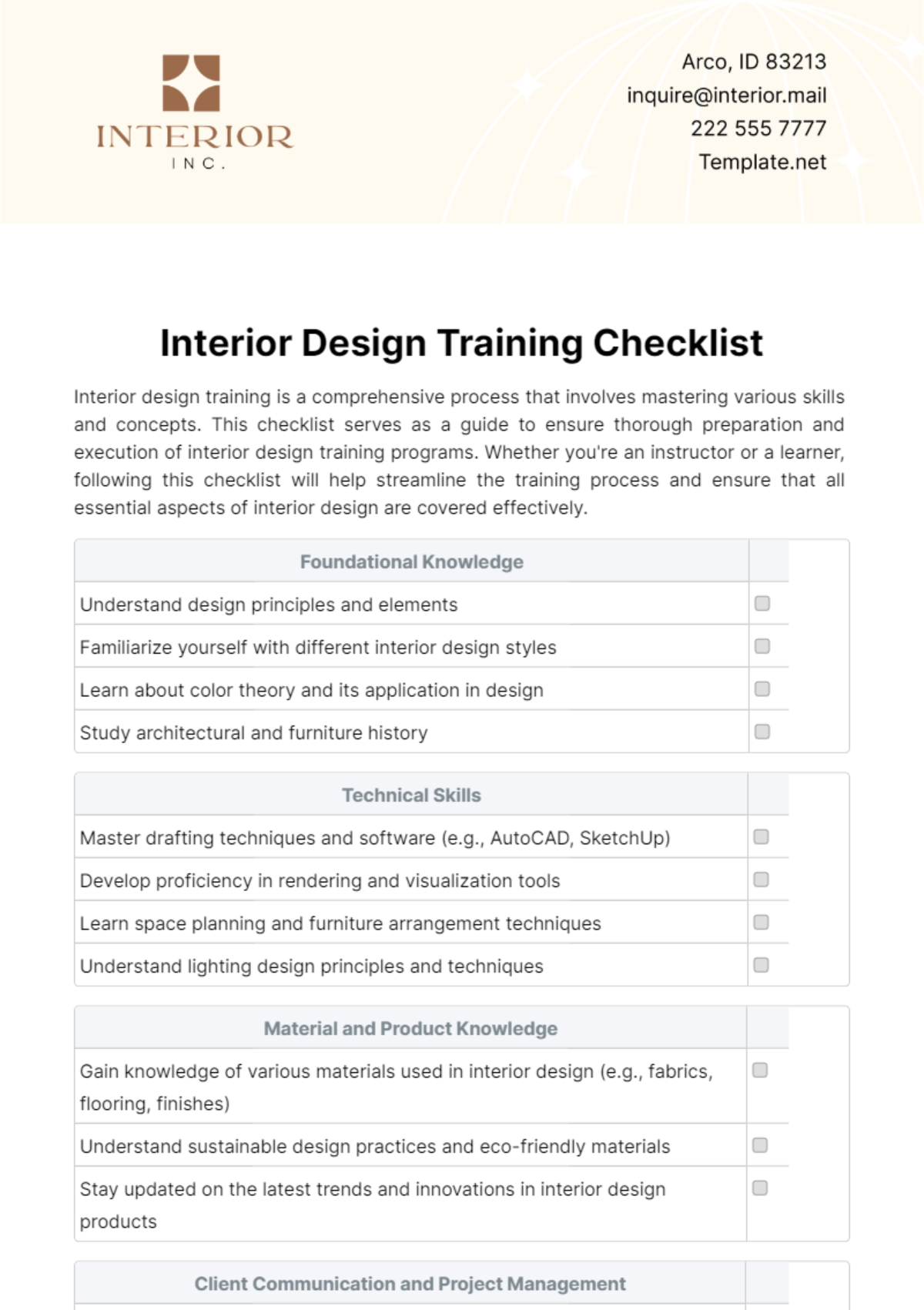 Free Interior Design Training Checklist Template