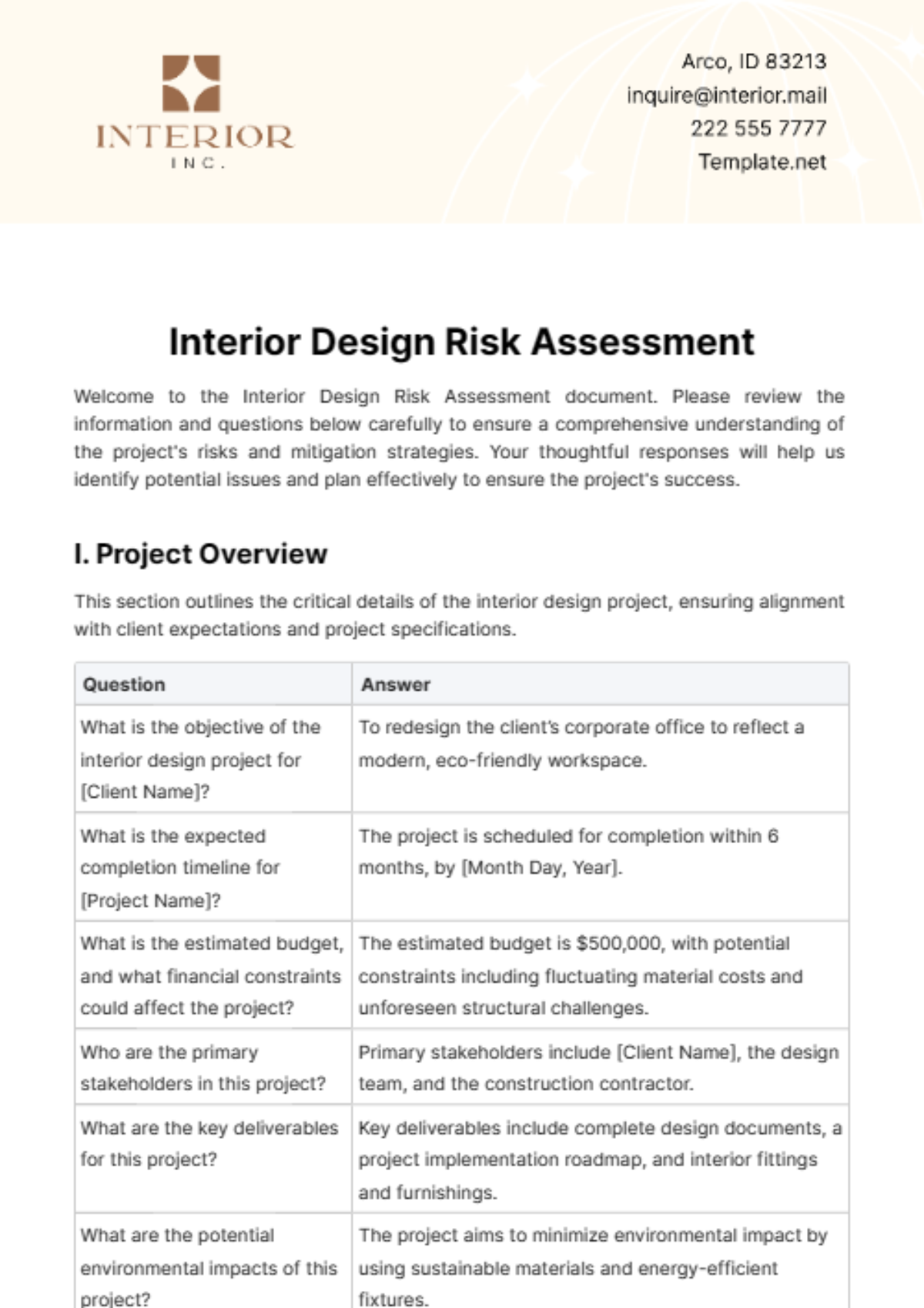 Interior Design Risk Assessment Template