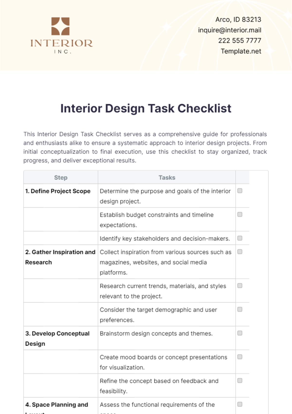 Interior Design Task Checklist Template - Edit Online & Download