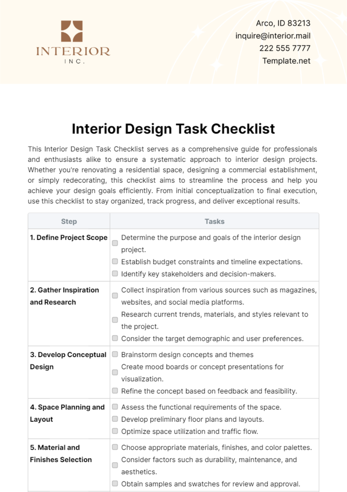 Free Interior Design Task Checklist Template