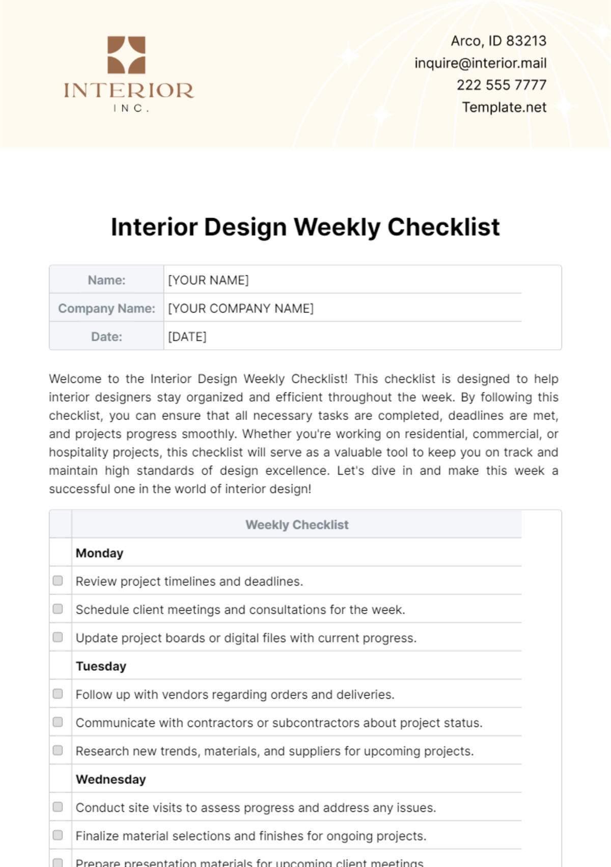 Free Interior Design Weekly Checklist Template