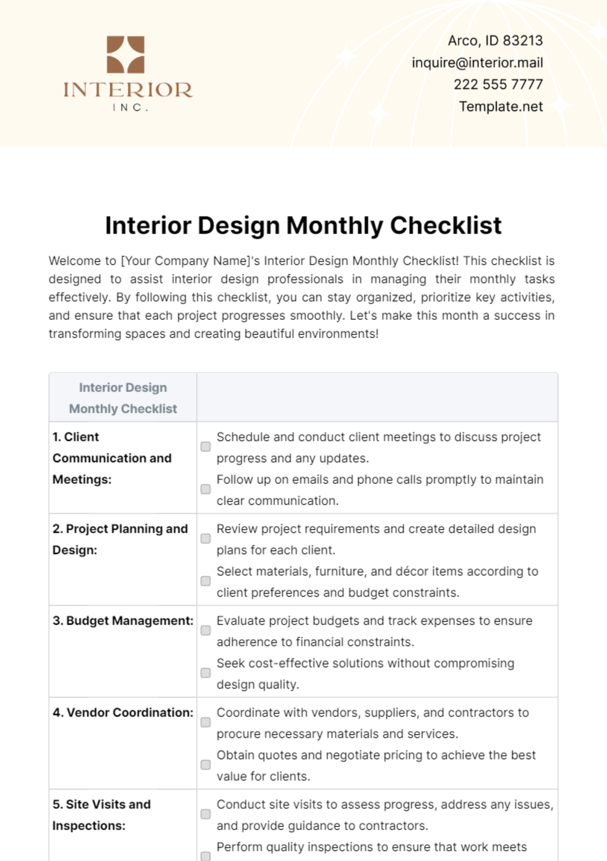 Interior Design Monthly Checklist Template