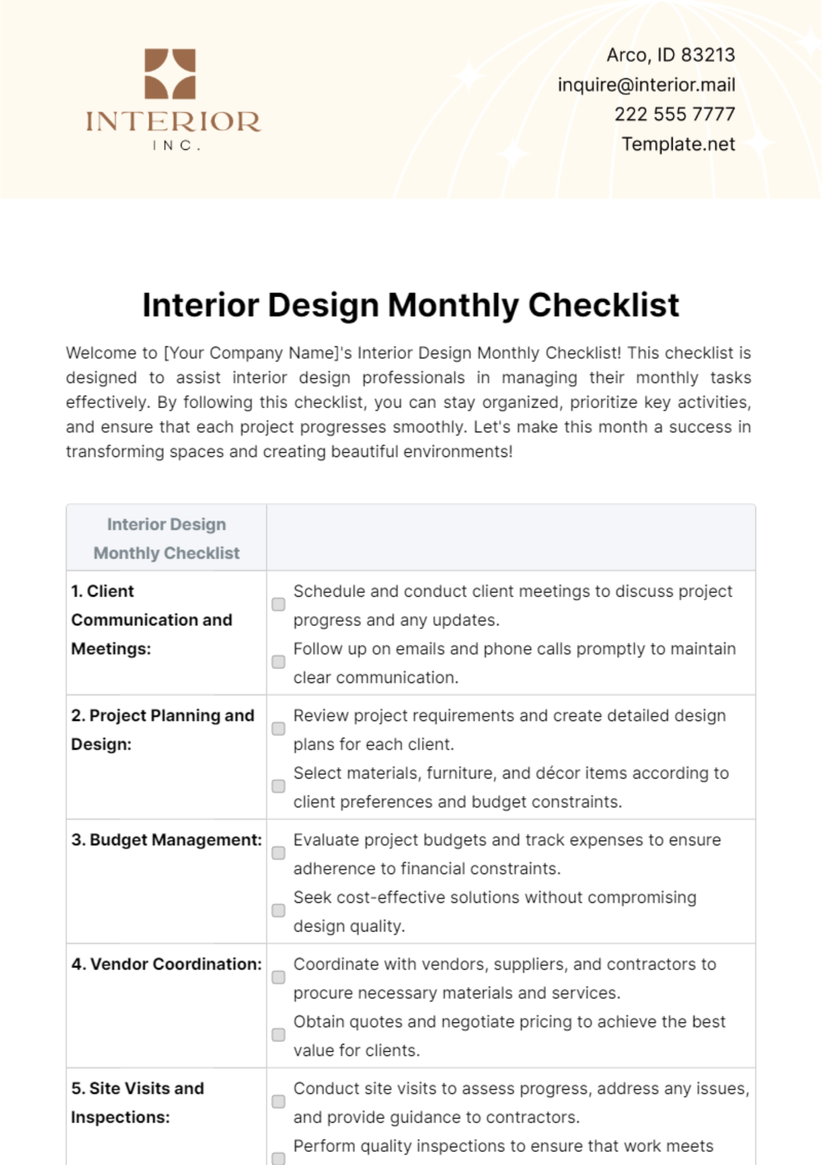 Interior Design Monthly Checklist Template - Edit Online & Download