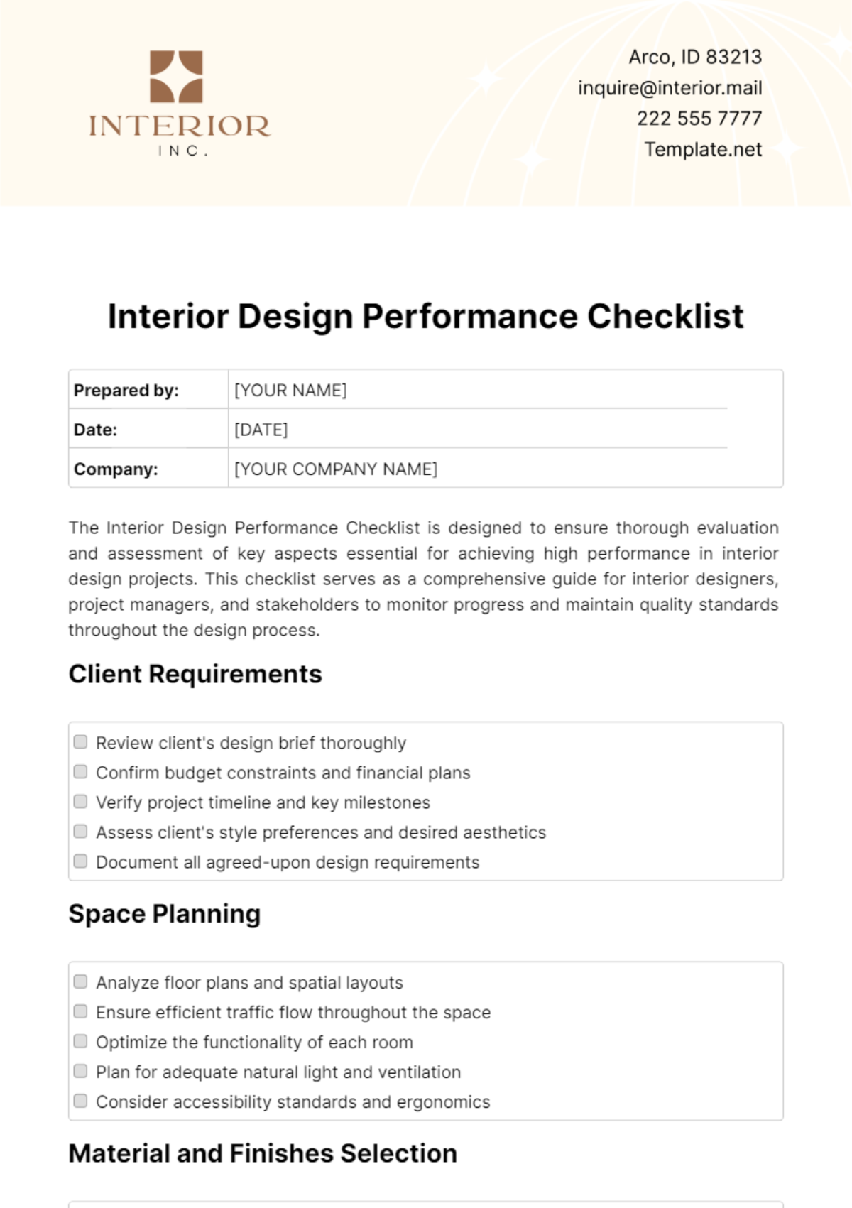 Free Interior Design Performance Checklist Template