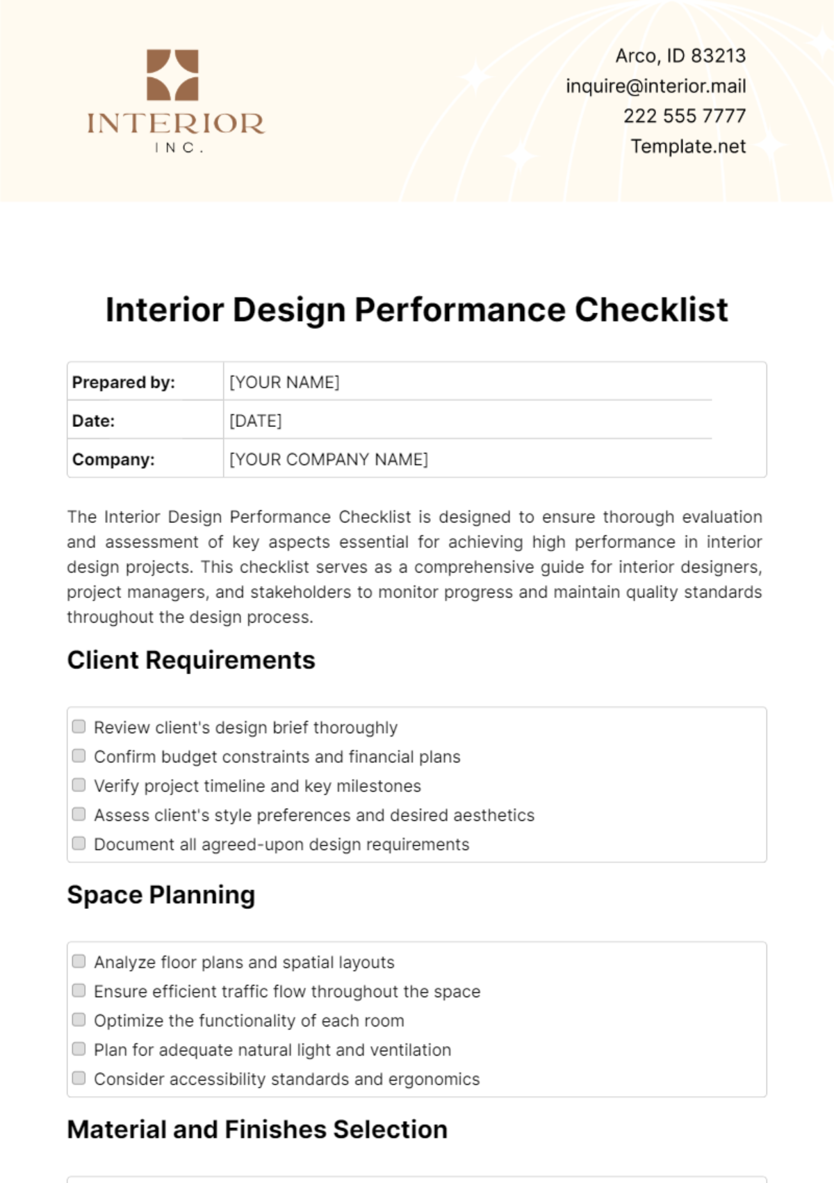 Interior Design Performance Checklist Template - Edit Online & Download