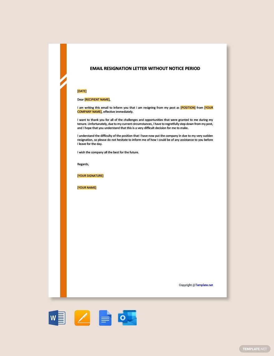 Email Resignation Letter Without Notice Period Template