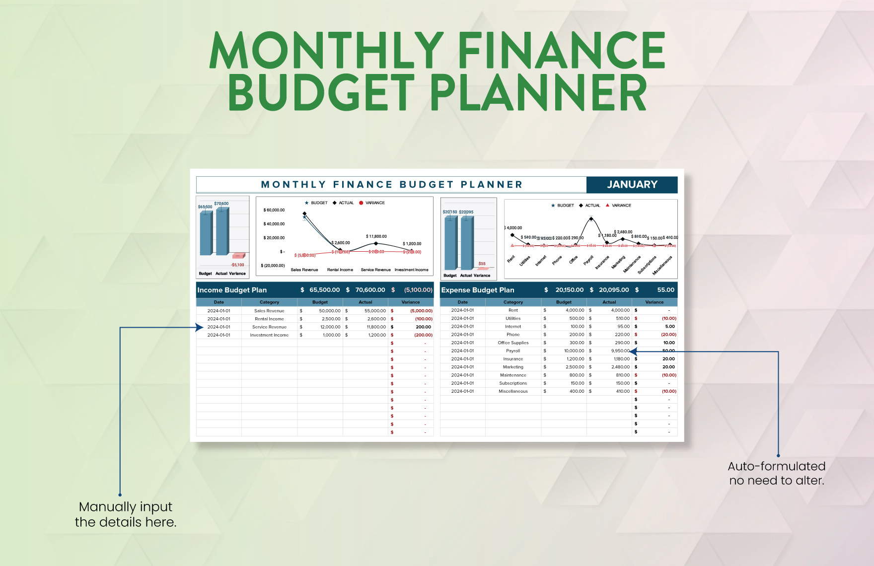 Monthly Finance Budget Planner Template
