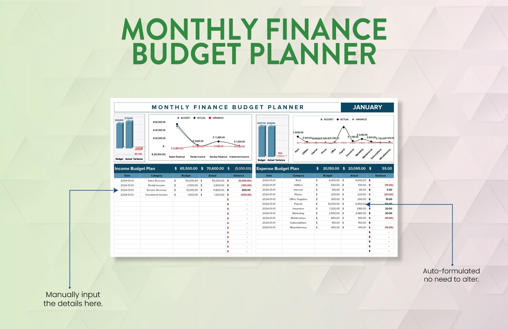 Monthly Finance Budget Planner Template