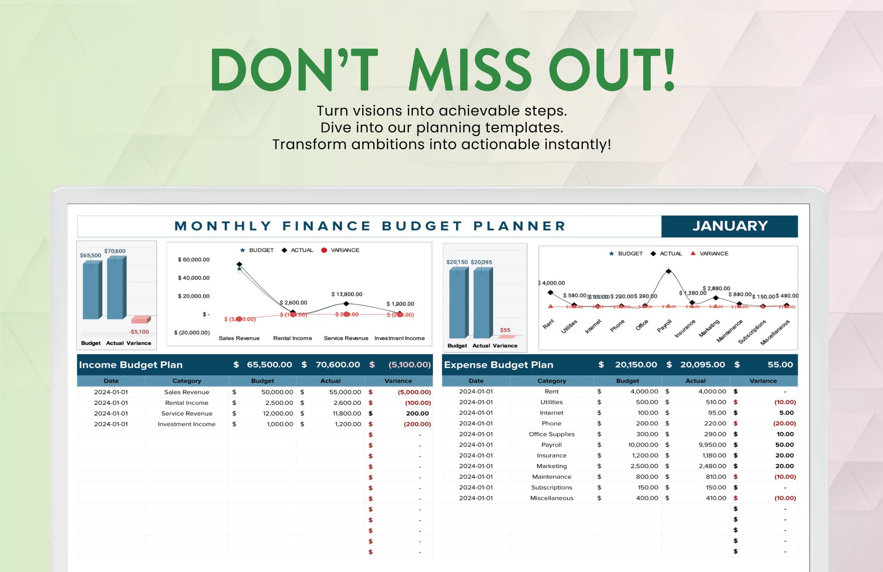 Monthly Finance Budget Planner Template