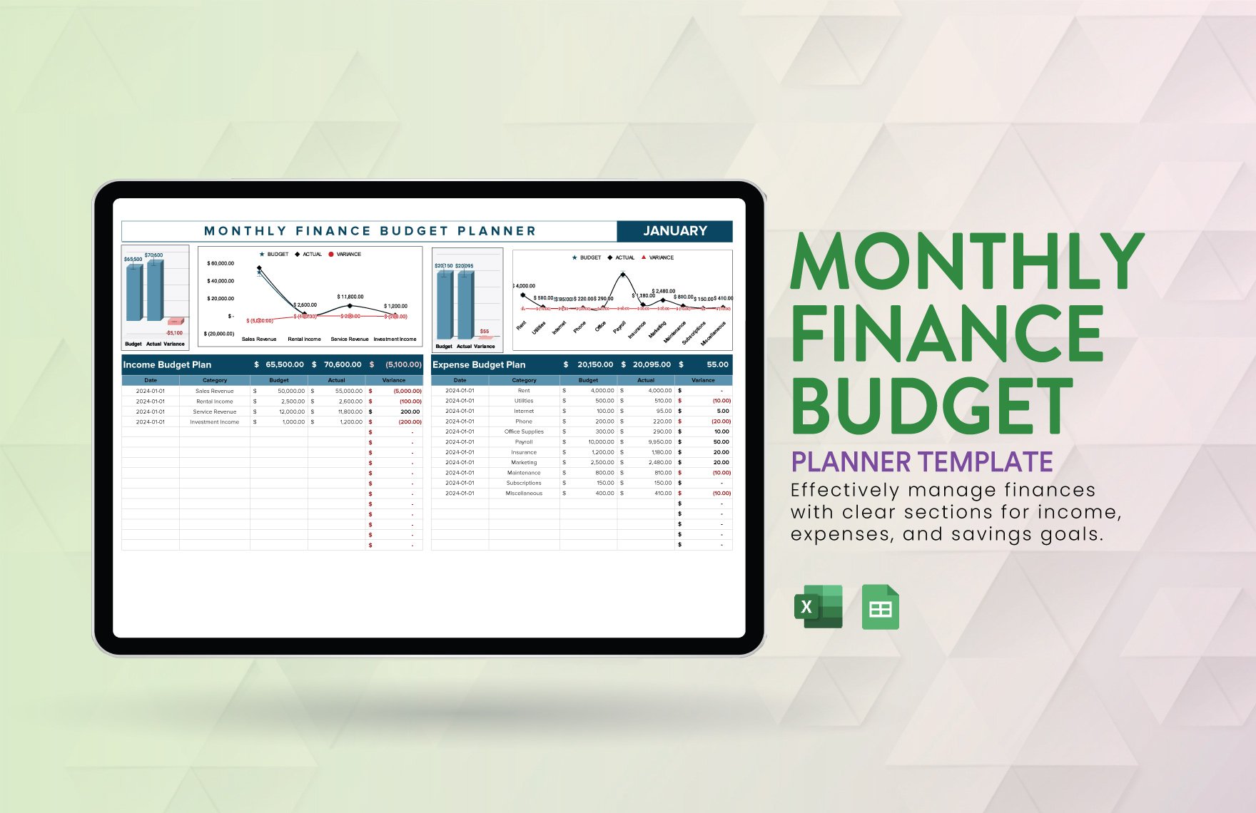 Monthly Finance Budget Planner Template in Excel, Google Sheets