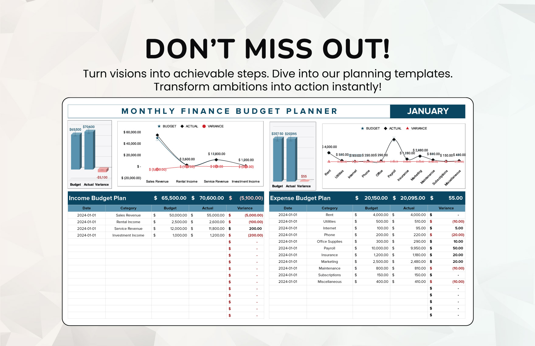 Monthly Finance Budget Planner Template