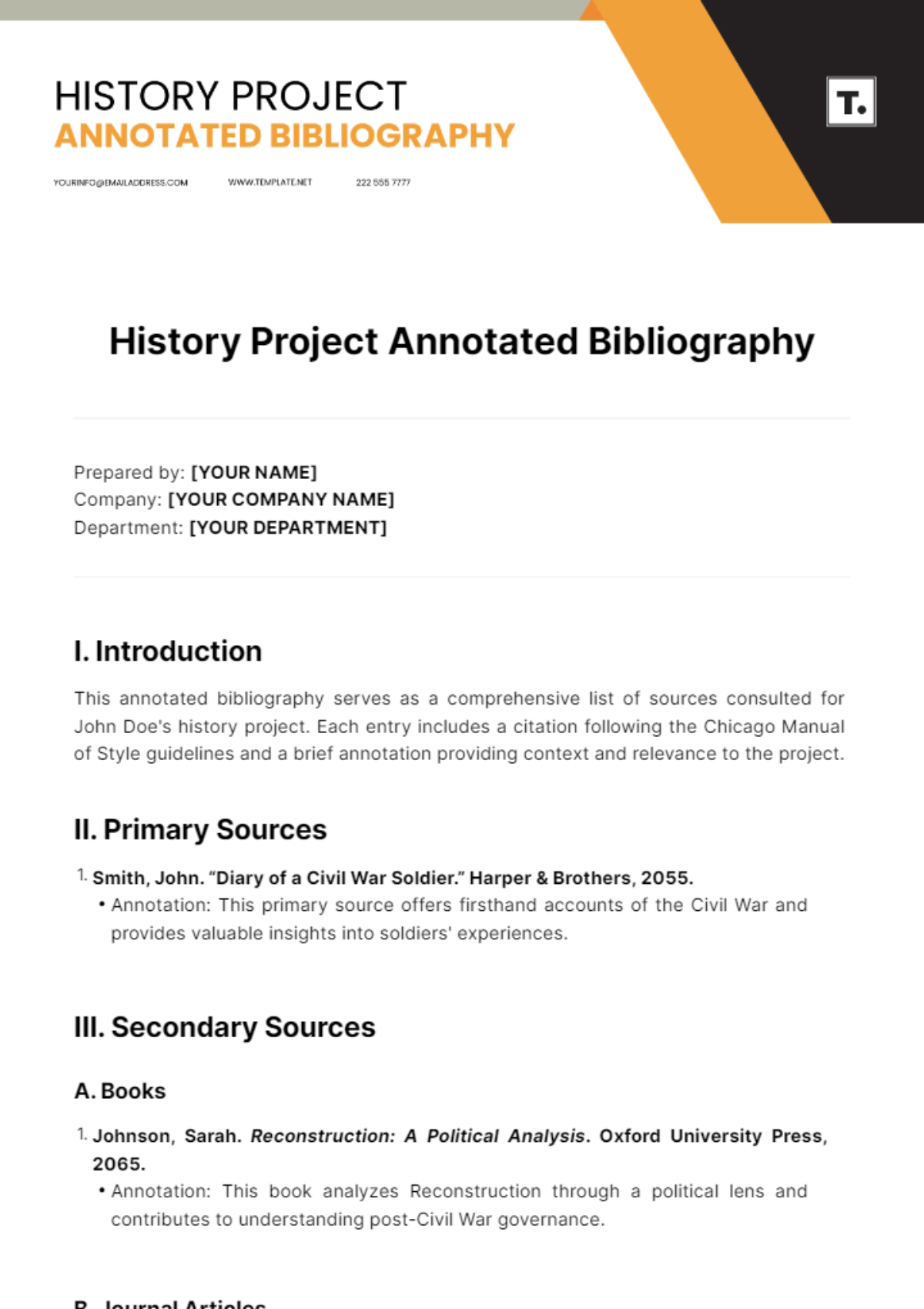 History Project Annotated Bibliography Template