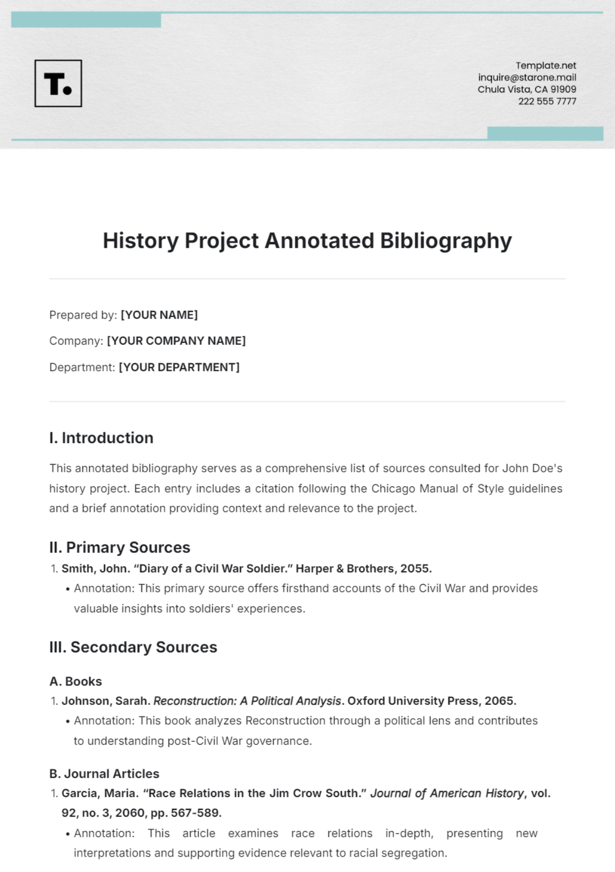 History Project Annotated Bibliography Template - Edit Online & Download