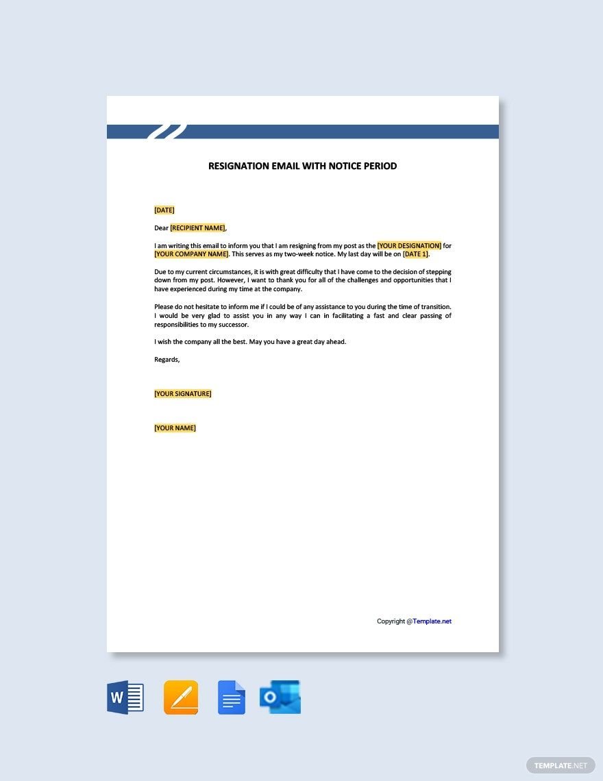 Free Resignation Email with Notice Period Template