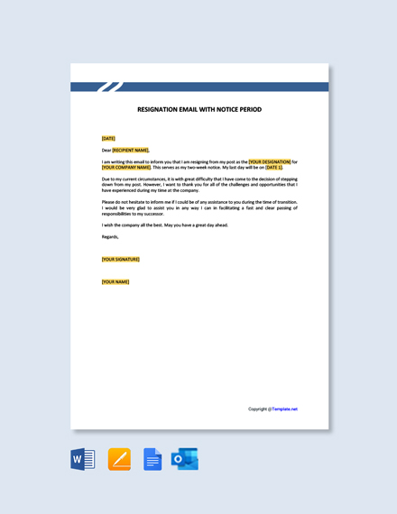 Resignation Email with Notice Period Template - Google Docs, Word ...