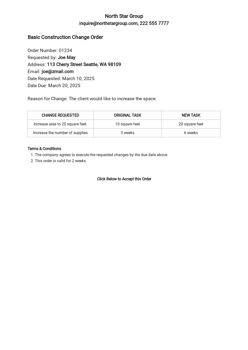 Basic Construction Change Order Template Free PDF Word Excel 