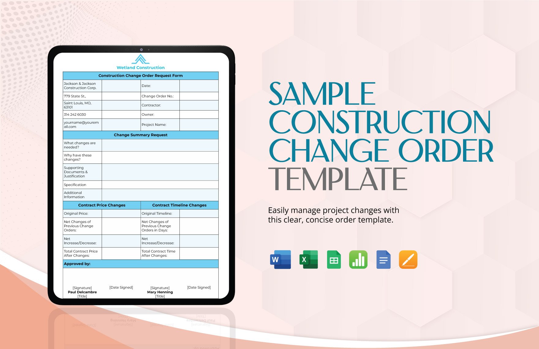 Sample Construction Change Order Template in Word, Google Docs, Excel, Google Sheets, Apple Pages, Apple Numbers