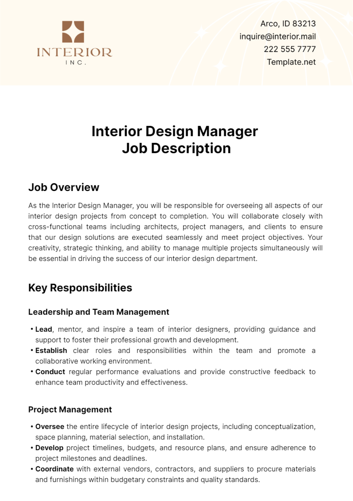 Free Interior Design Manager Job Description Template