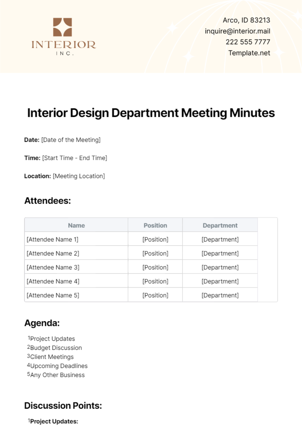 Free Interior Design Department Meeting Minutes Template