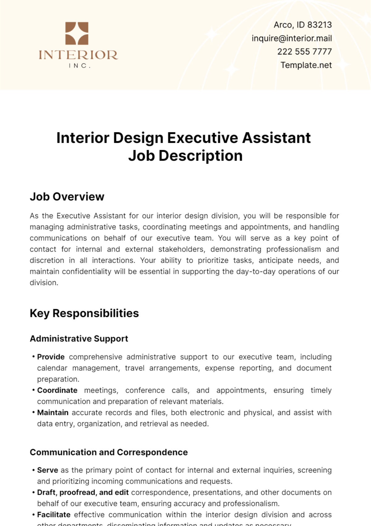 Interior Design Executive Assistant Job Description Template