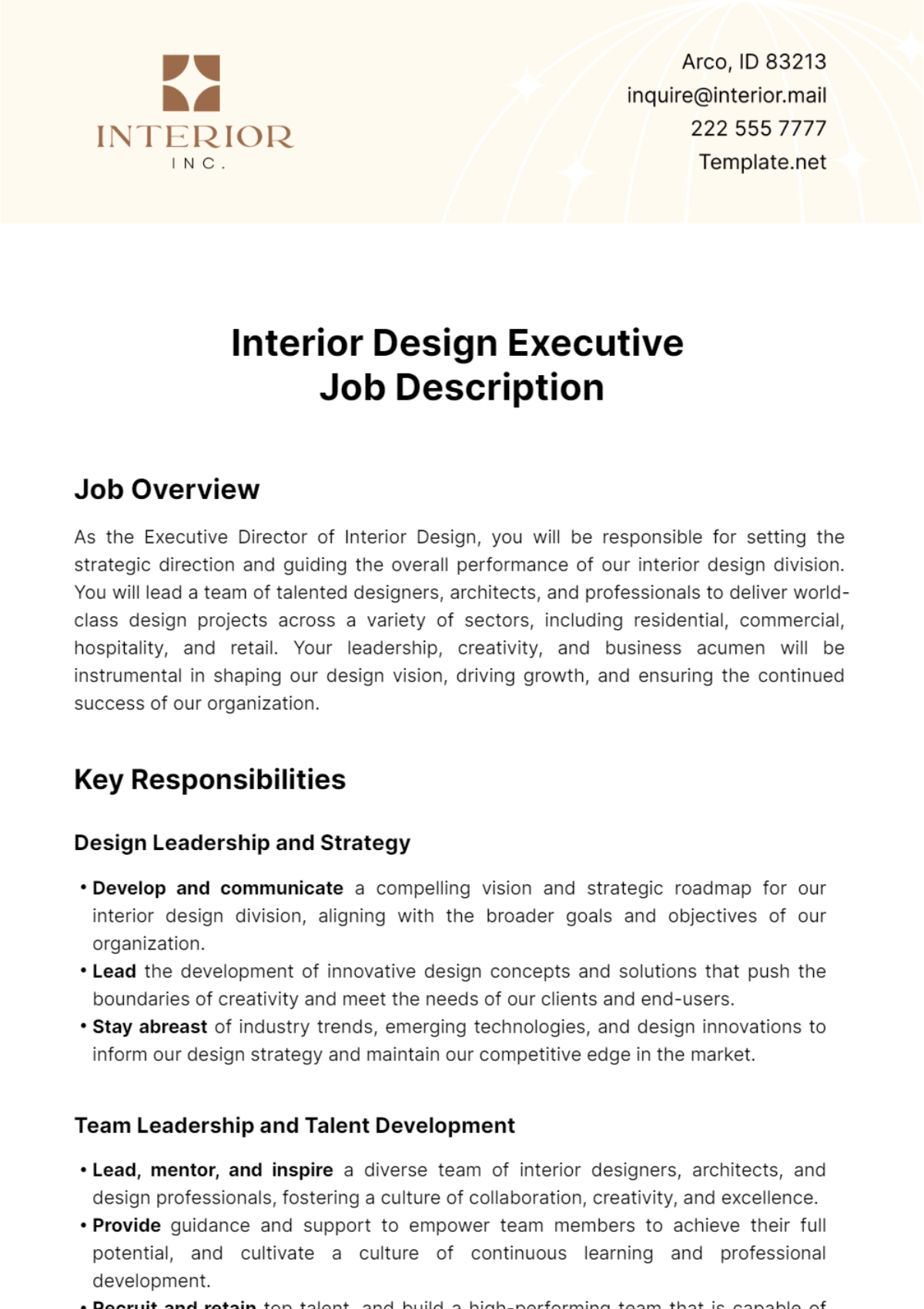 Free Interior Design Executive Job Description Template