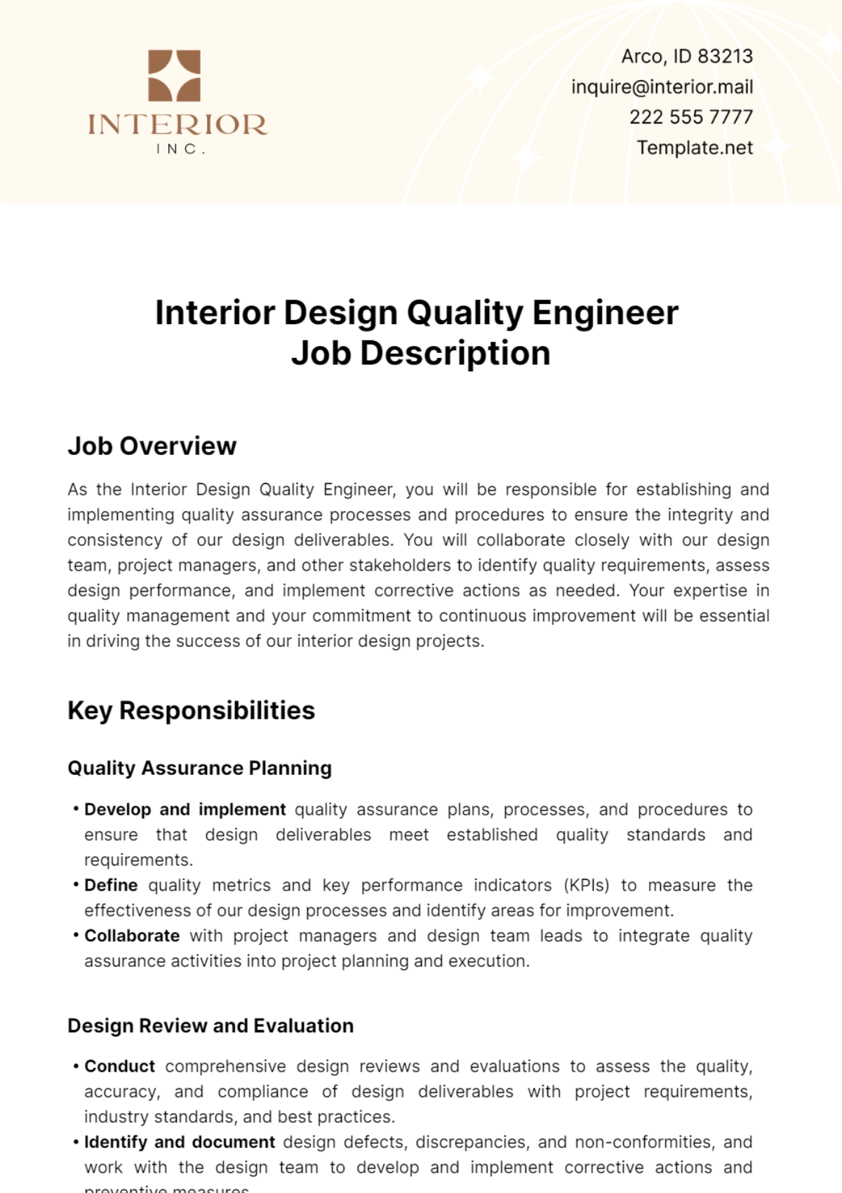 Interior Design Quality Engineer Job Description Template