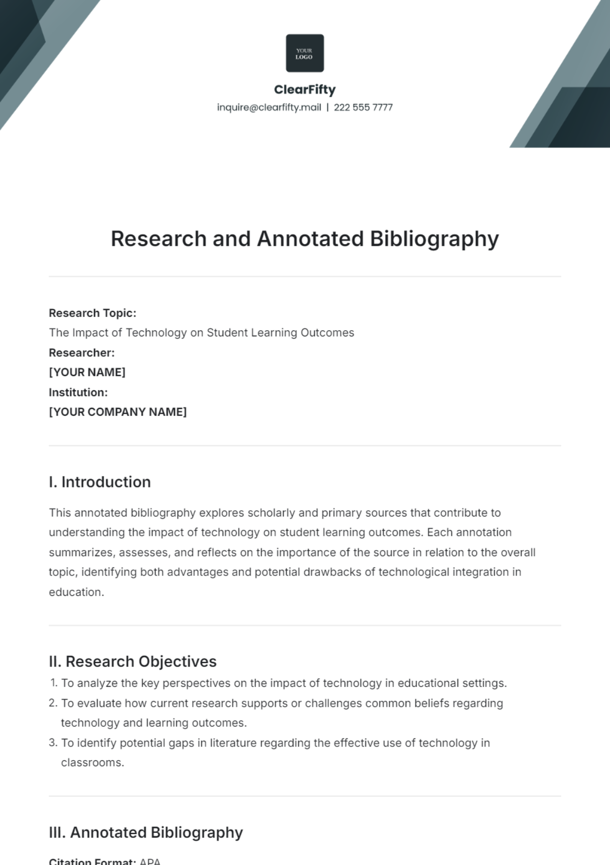 Research & Annotated Bibliography Template - Edit Online & Download