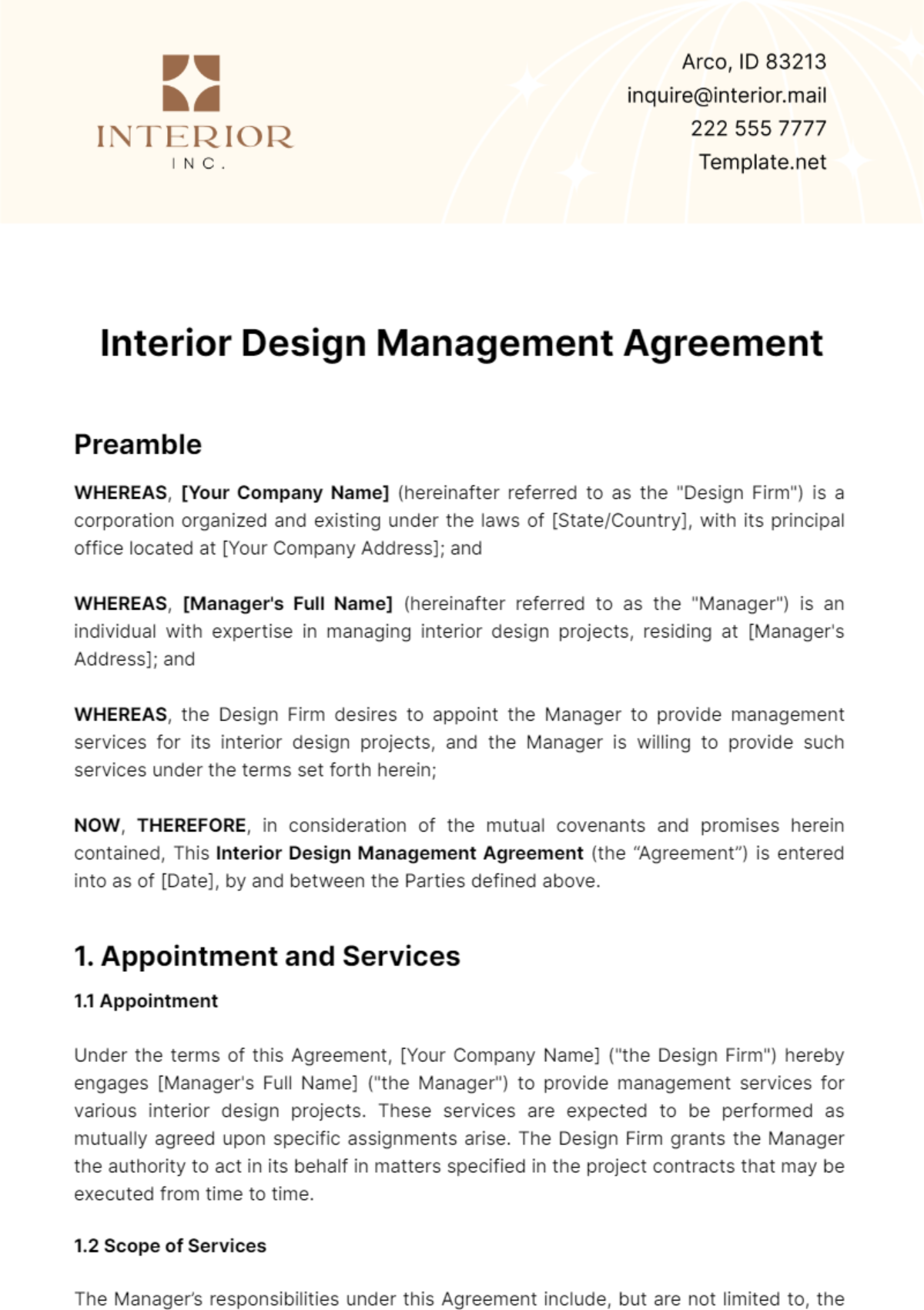 Interior Design Management Agreement Template