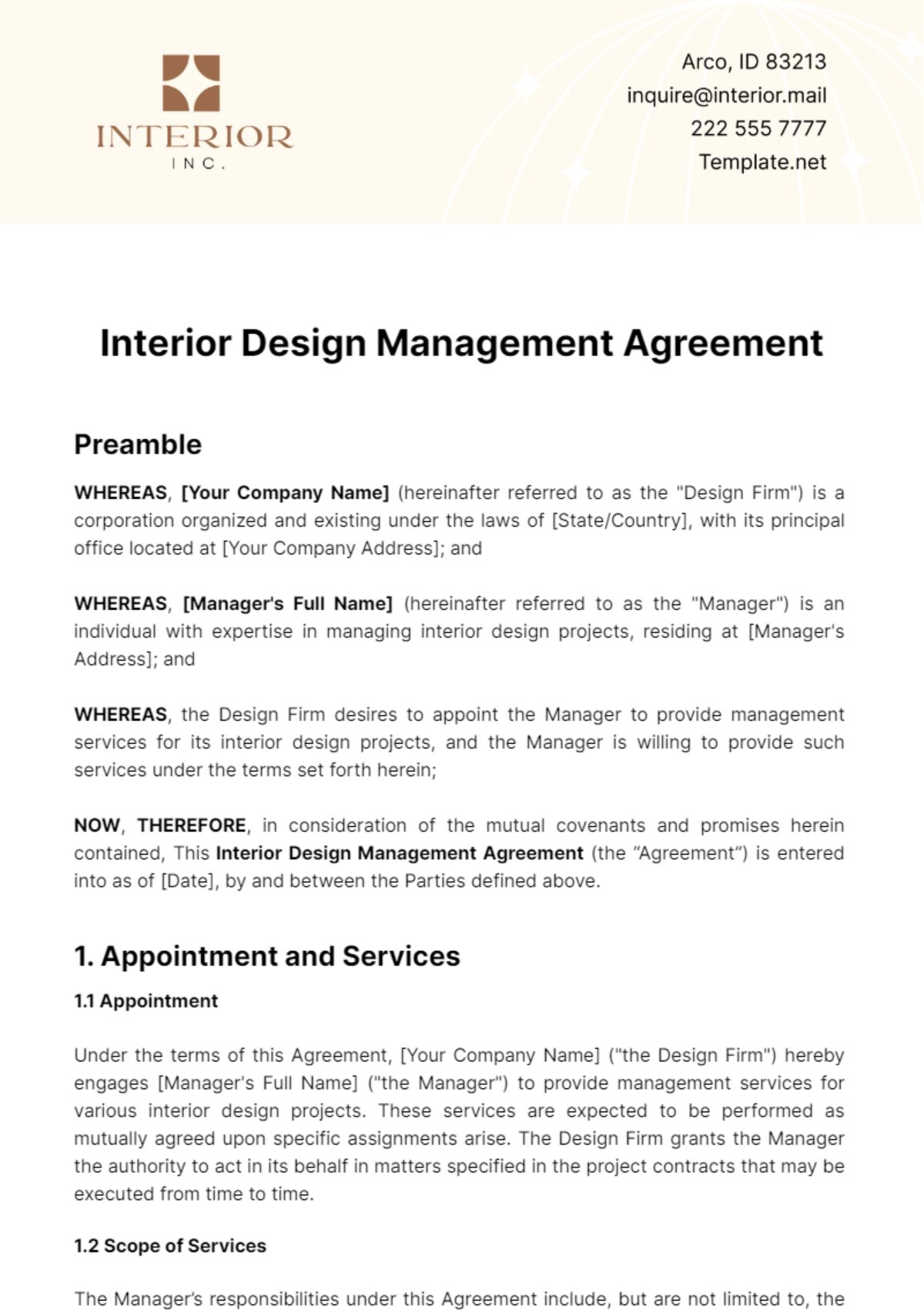 Interior Design Management Agreement Template - Edit Online & Download