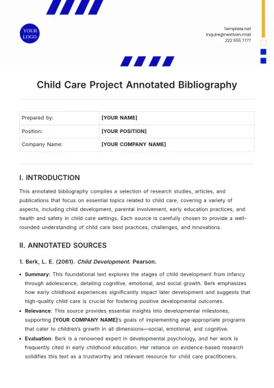 Free Child Care Project Annotated Bibliography Template to Edit Online