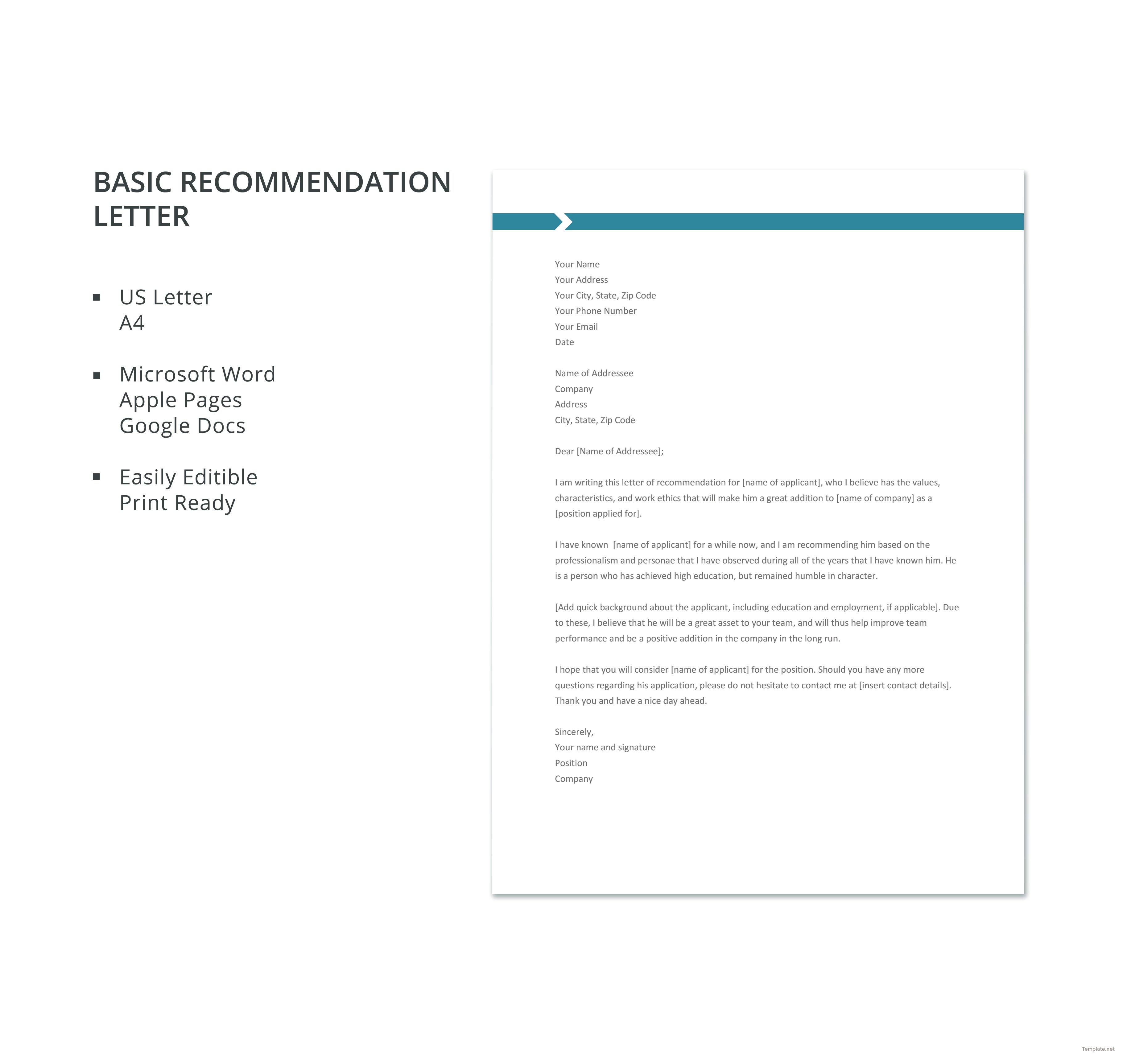 Basic Recommendation Letter Template In Microsoft Word Apple Pages