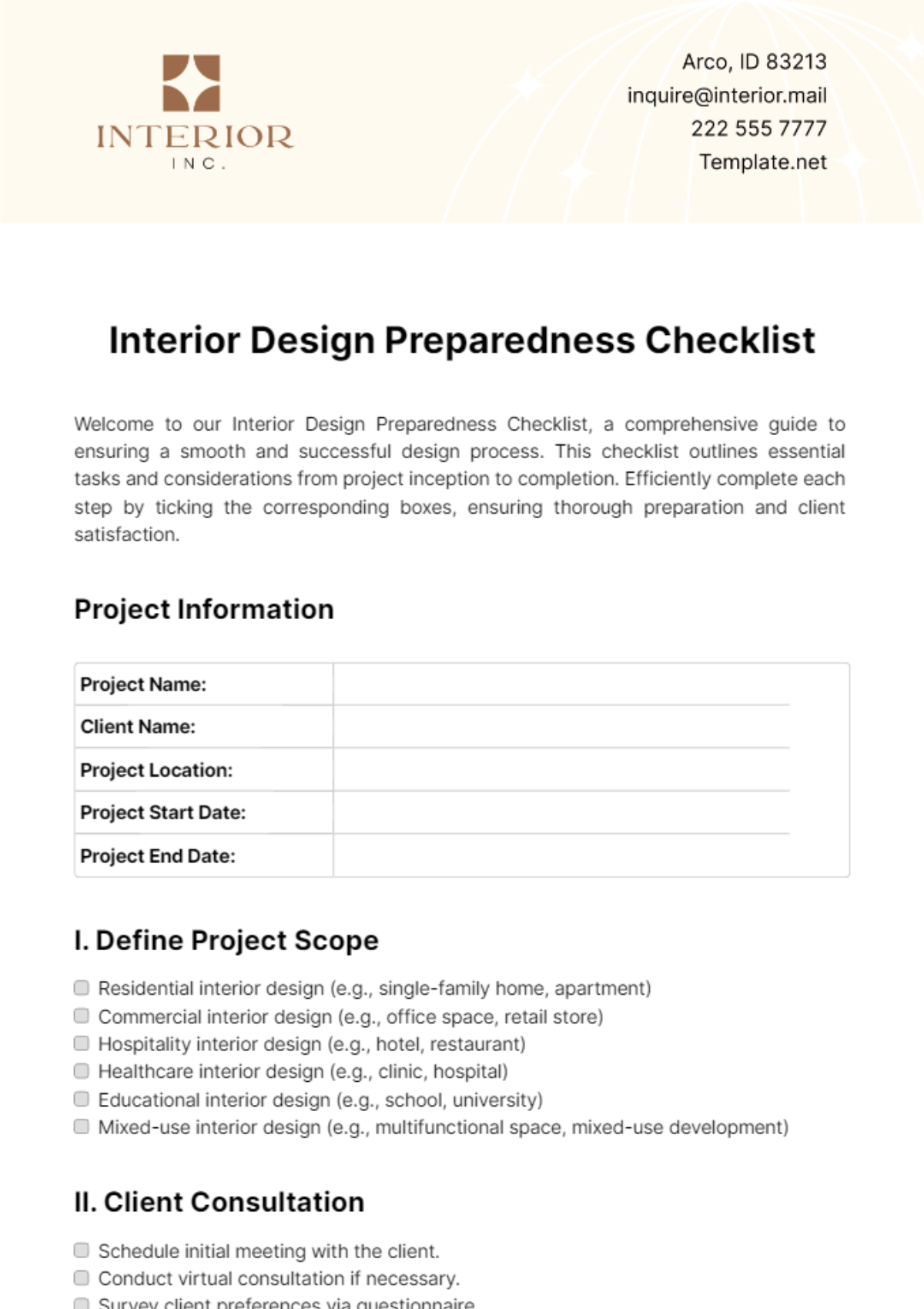 Interior Design Preparedness Checklist Template - Edit Online & Download