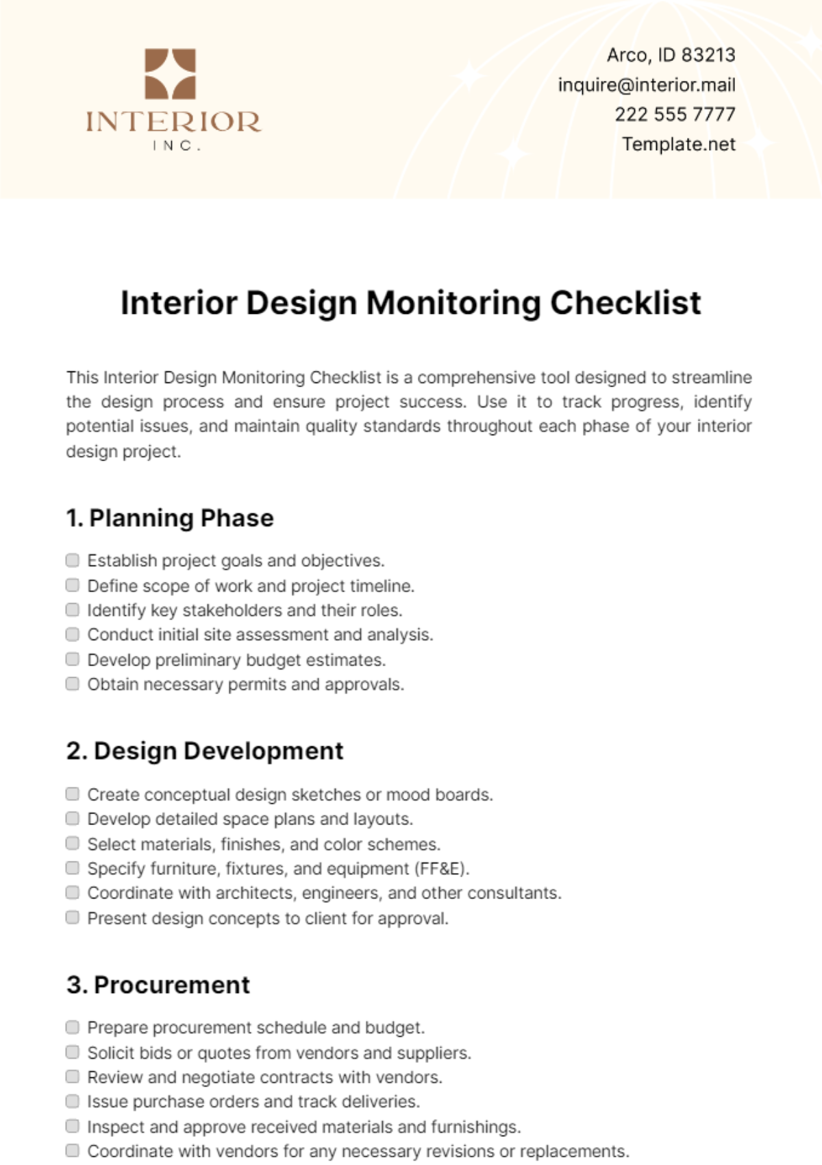 Free Interior Design Monitoring Checklist Template