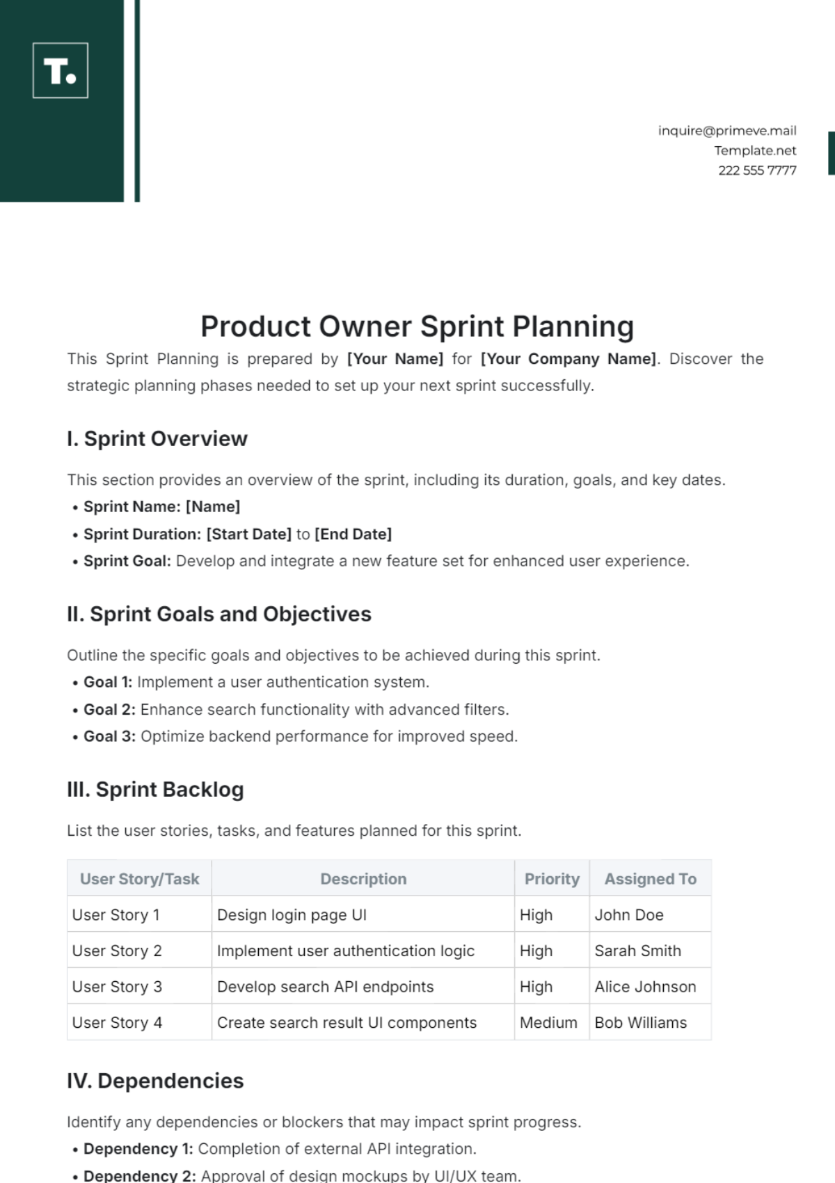 Product Owner Sprint Planning Template