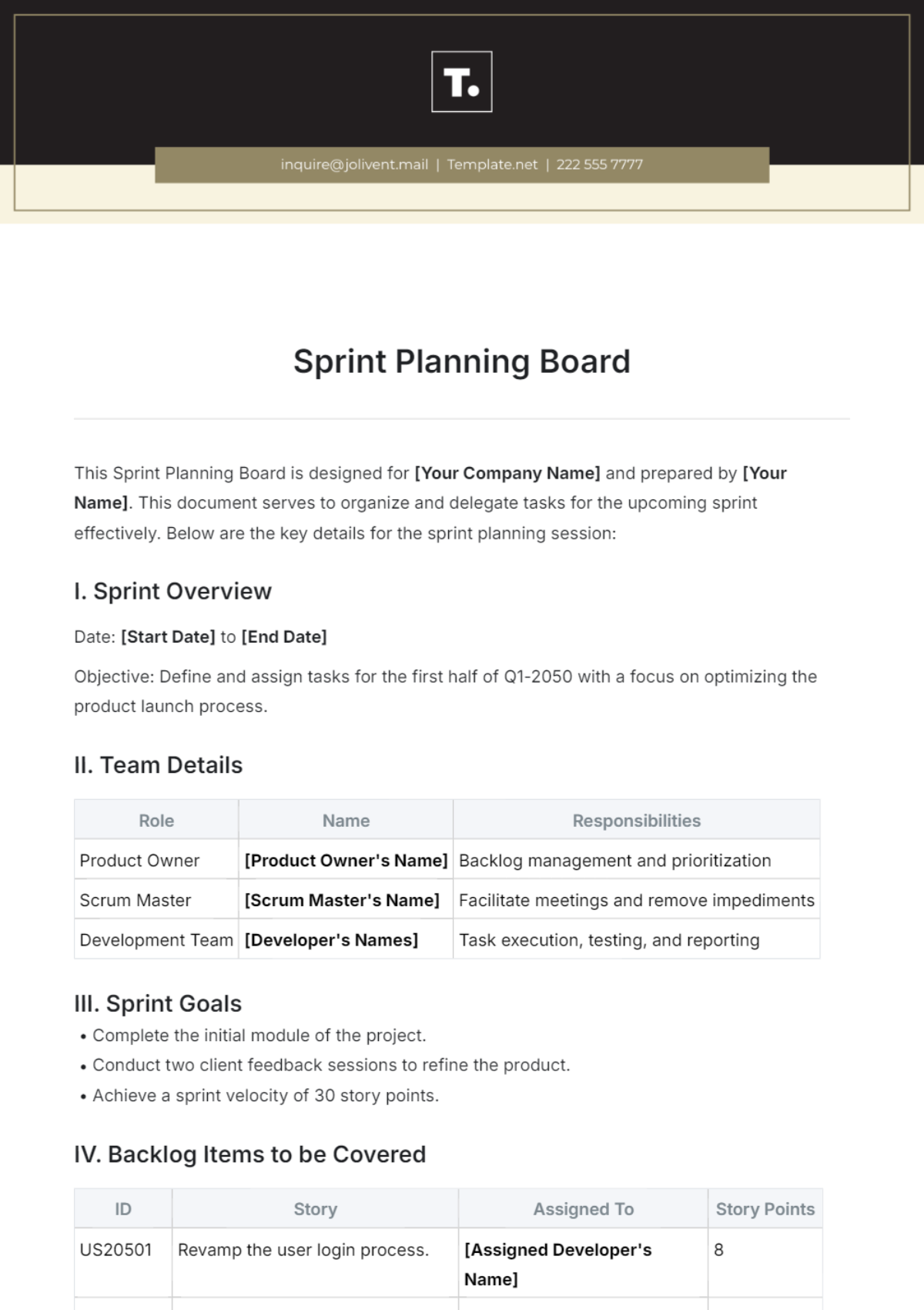 Sprint Planning Board Template