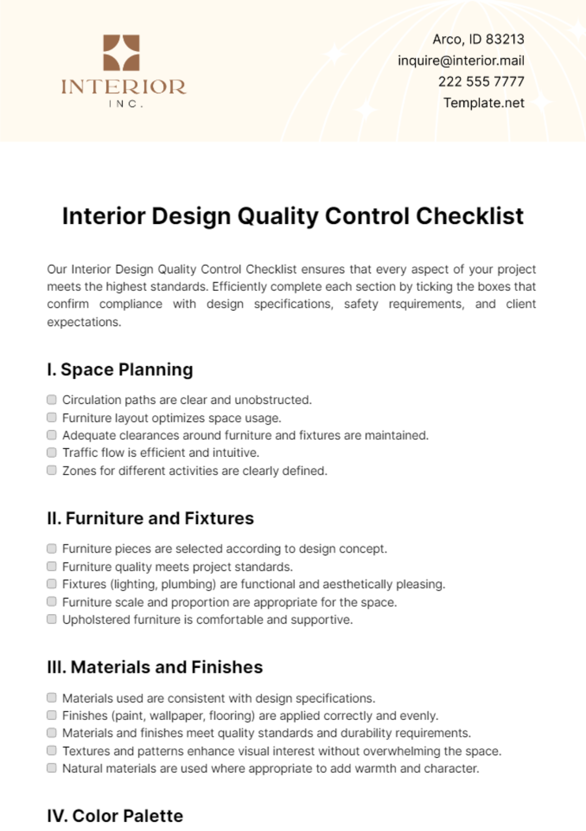 Free Interior Design Quality Control Checklist Template