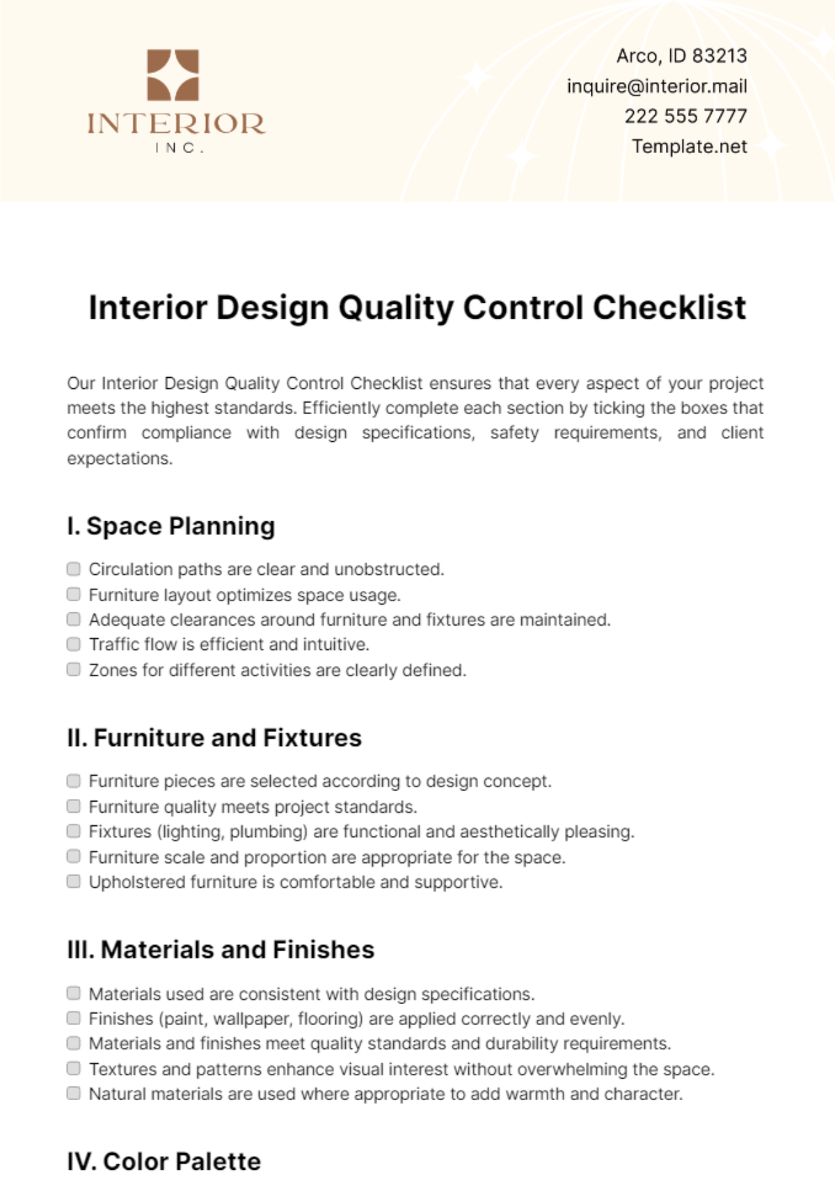 Interior Design Quality Control Checklist Template - Edit Online & Download