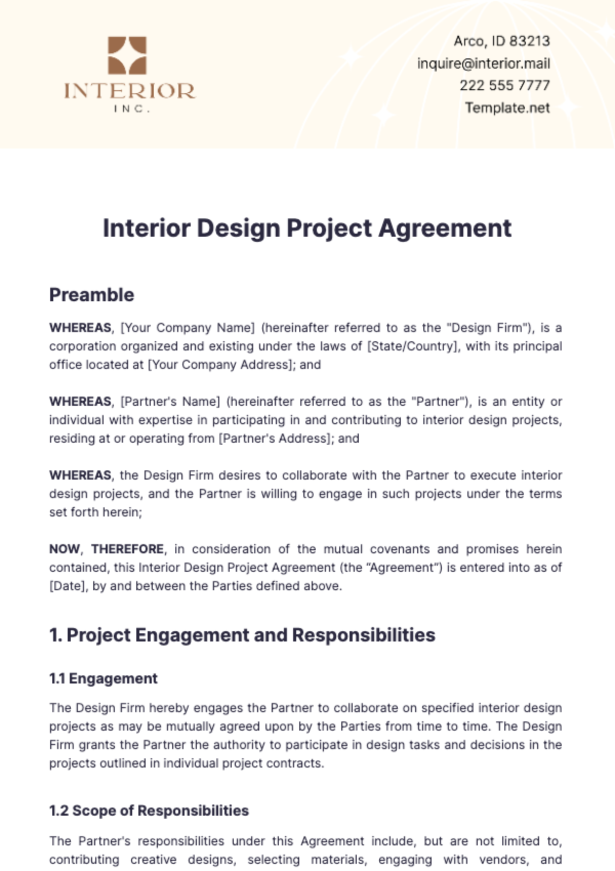 Interior Design Project Agreement Template - Edit Online & Download