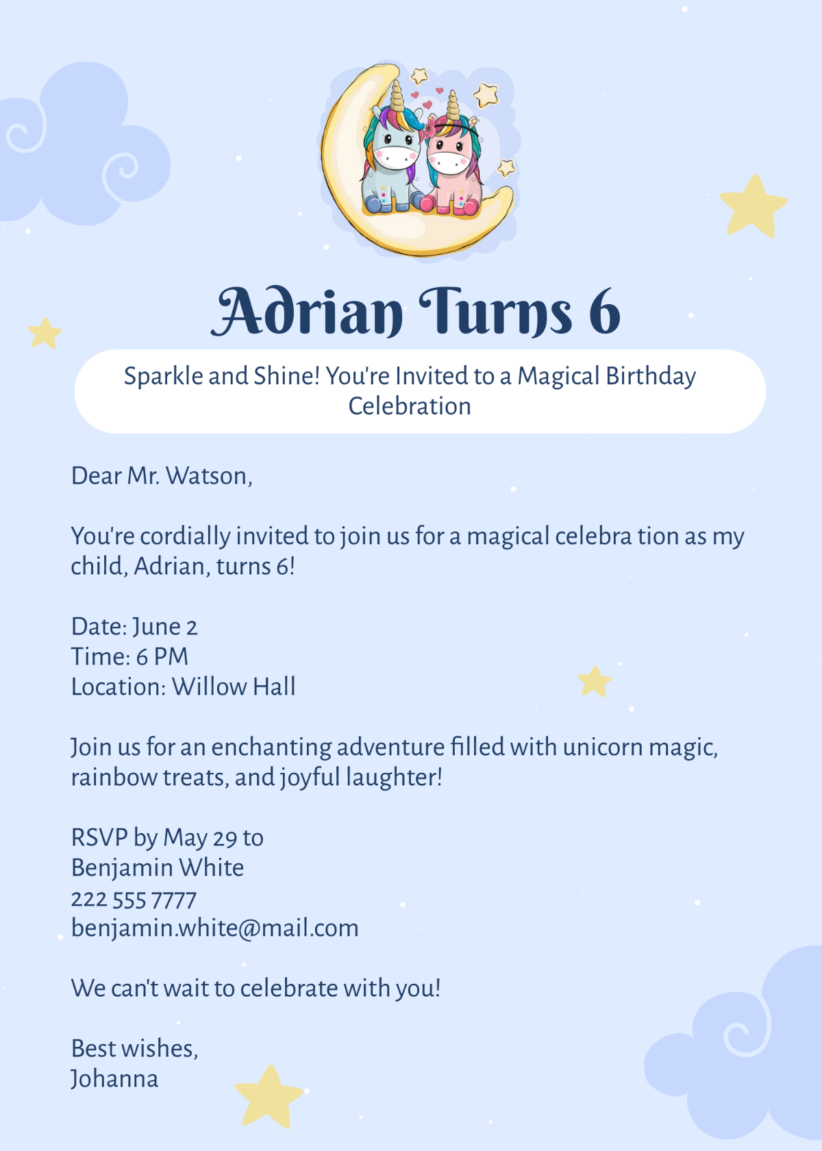 Unicorn Birthday Invitation Template - Edit Online & Download