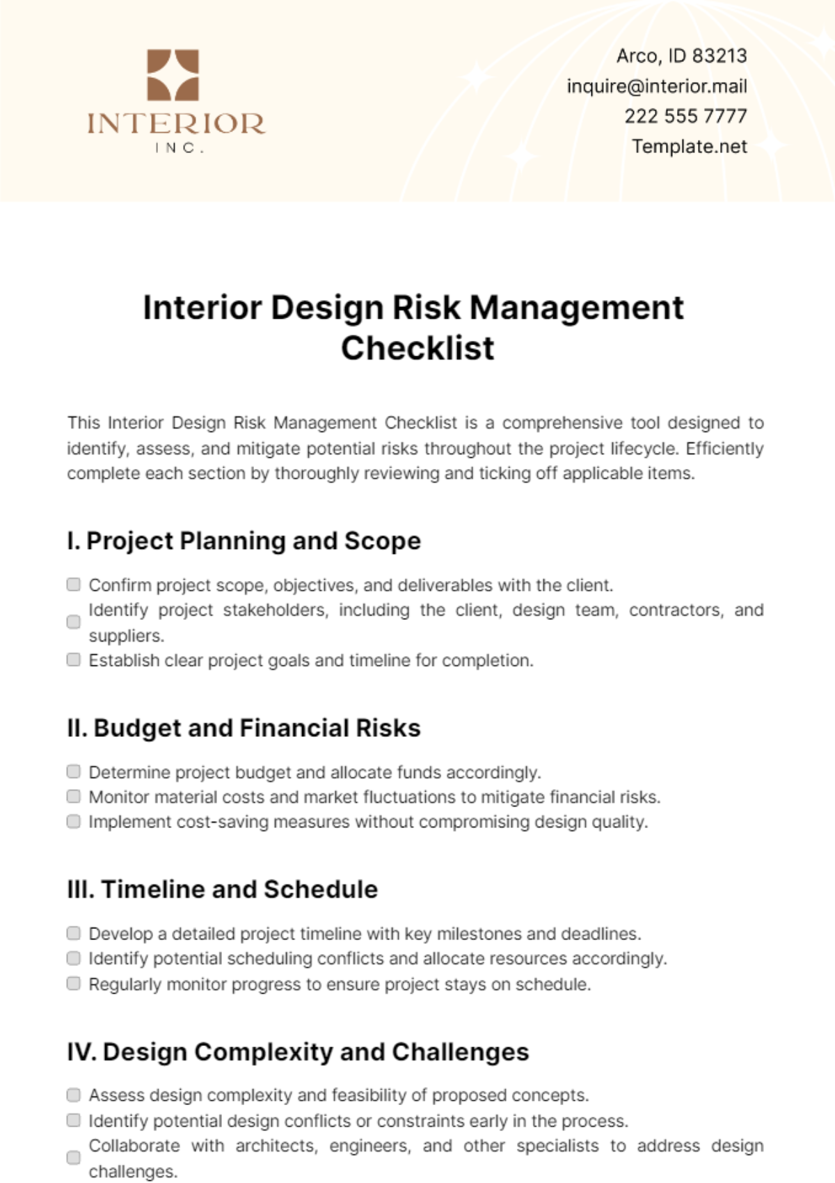 Interior Design Risk Management Checklist Template
