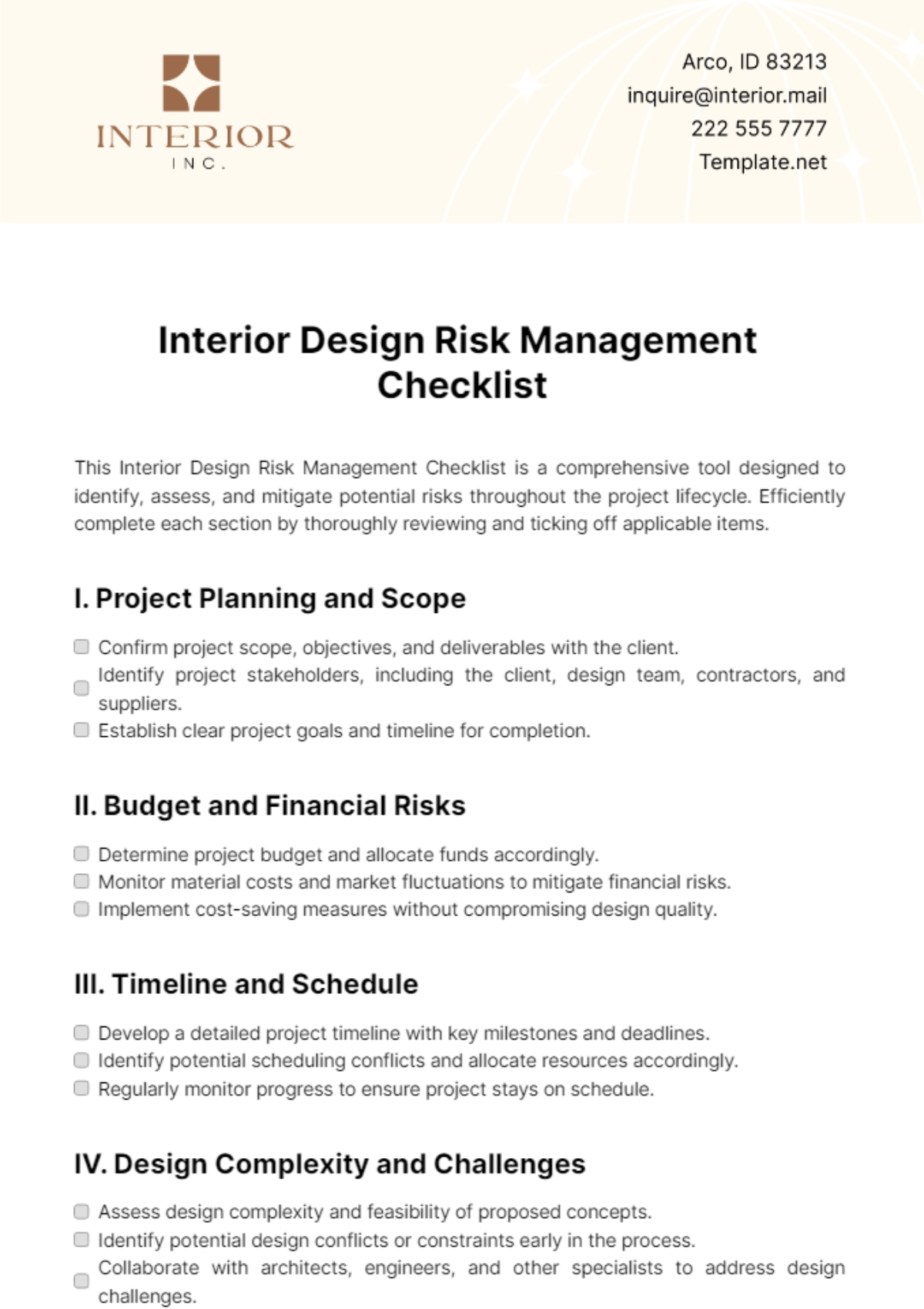 Interior Design Risk Management Checklist Template - Edit Online & Download