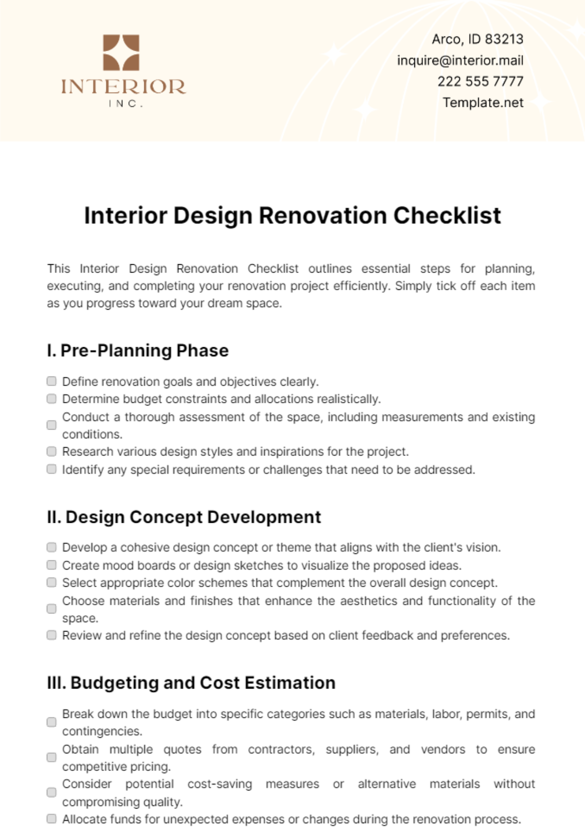 Interior Design Renovation Checklist Template - Edit Online & Download